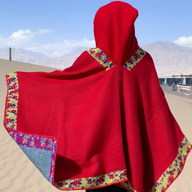 

Bohemian Autumn Winter Scarf Shawl Hooded Cape Coat Woman's Ethnic Style Imitation Cashmere Cardigan Outerwear Floral Blanket