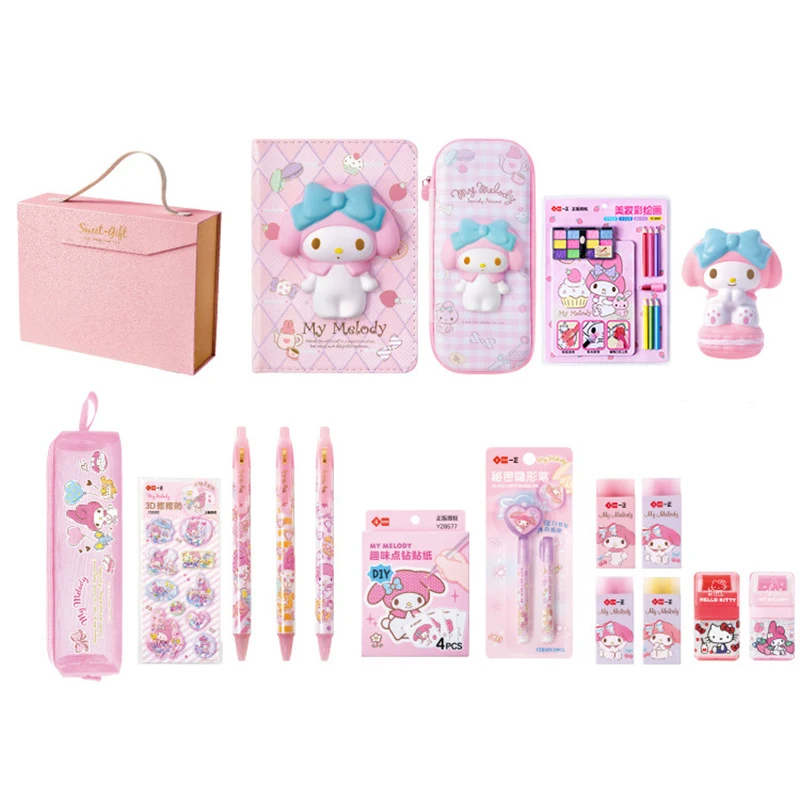 Sanrio Stationery Gift Box Set Cinnamoroll Melody Kuromi Notebook Pencil Case Eraser Gel Pen Kids School Supplies Christmas Gift