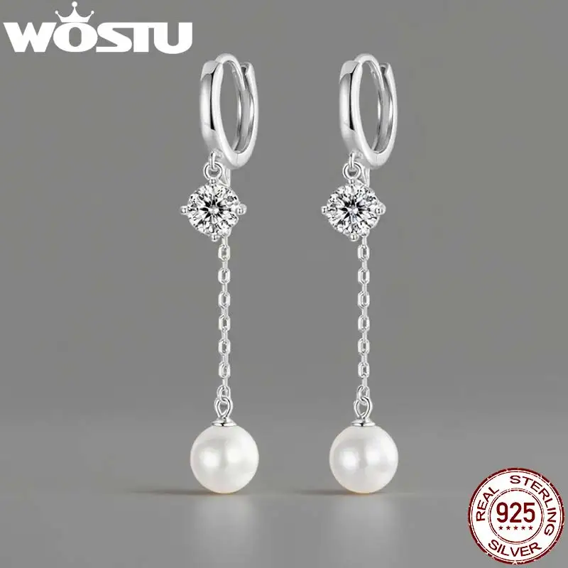 

WOSTU серьги-кольца из стерлингового серебра 925 пробы с жемчугом и цирконием для женщин, длинные висячие серьги 53 мм, серьги для свадебной вечеринки, подарок