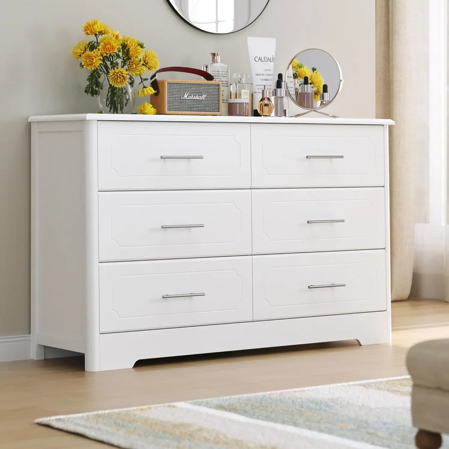 for 6 Drawer Dresser, Modern White Wide Chest of Drawers with Metal Handels, Wood Double Dresser, Storage Chest Organizers