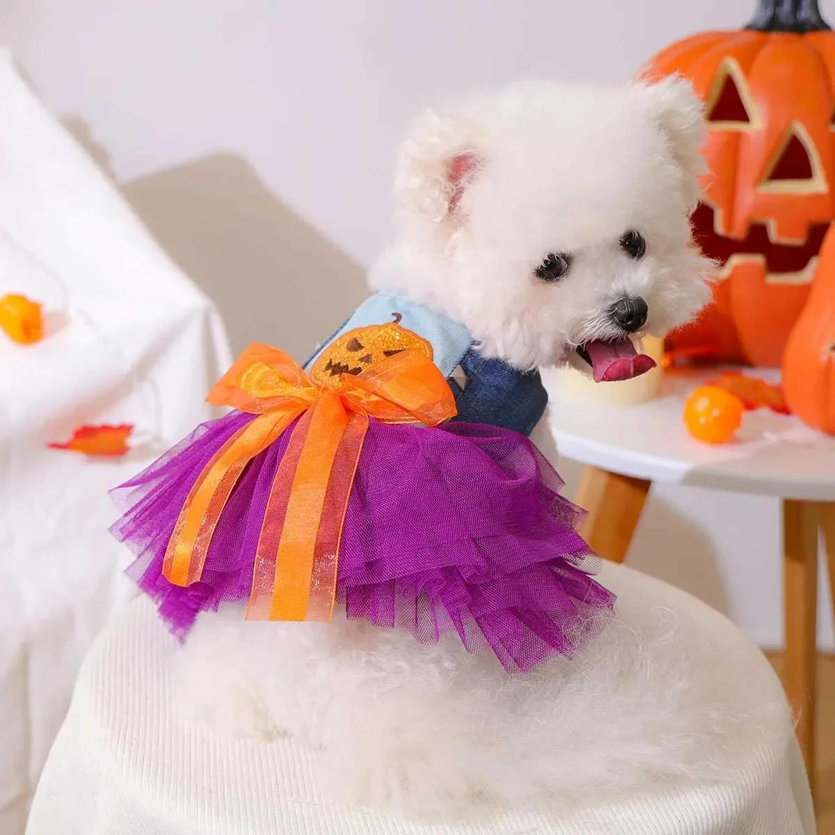 1PC Schrulliger Kürbisrock Haustierkleidung Hund Katze Herbst Halloween Orange Schleife Ärmelloses Hochzeitskleid
