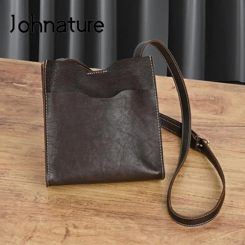 Johnature Simple Solid Color Genuine Leather Women Bag 2024 New Natural Soft Cowhide Vintage Versatile Shoulder & Crossbody Bags