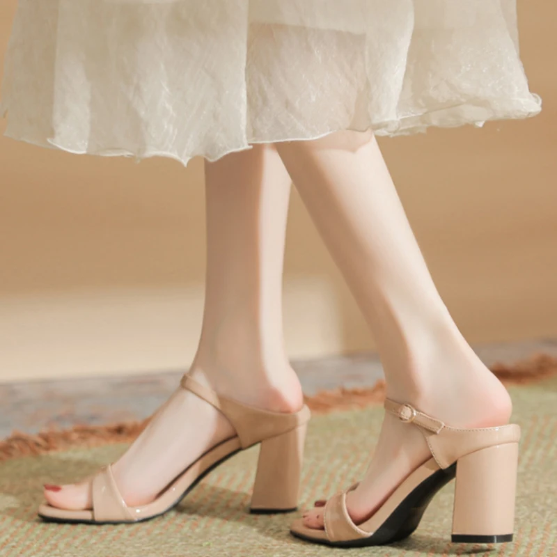 

Womens Nude Patent Leather Open Toe Block Heel Slingback Sandals With Ankle Strap Buckle Elegant Versatile Summer Shoes New