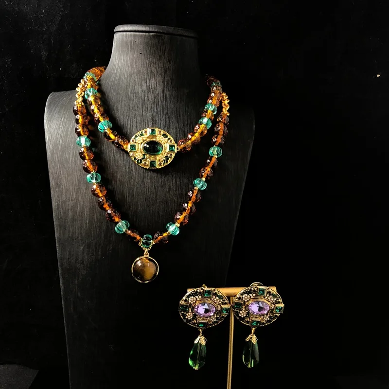 

Women Dopamine Maillard Handmade Beaded Glass Necklace and Earrings Jewelry