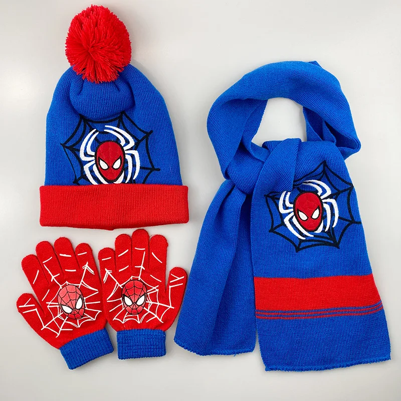 Spider Man Figure Children'S Hat Autumn Winter Boys Cartoon Knitted Hat Scarf Glove 3pcs Set Winter Warm Boys Christmas Gift