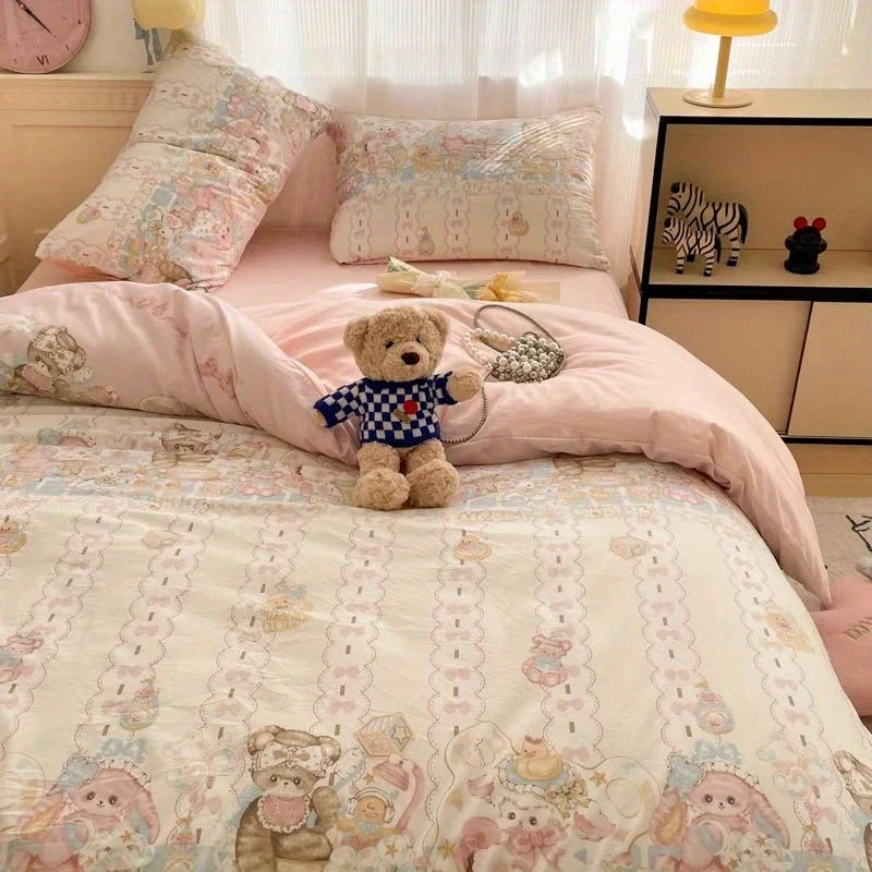 Ins Bear Bedding Set Cute Kids Adult Twin Queen Size Duvet Cover Flat Sheet Pillowcase for Girls Boys Home Decoration Gift