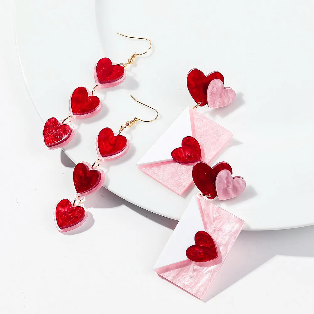 جديد الأحمر الوردي رسالة حب الاكريليك انخفاض الأقراط للنساء الفتيات الحلو القلب المغلف استرخى القرط هدية عيد الحب مجوهرات