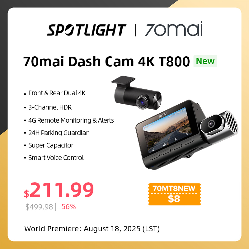  70mai Dash Cam 4K T800 3-Channel HDR Supercapacitor WiFi 6 Voice Control 4G Compatible Car DVR 70mai T800 