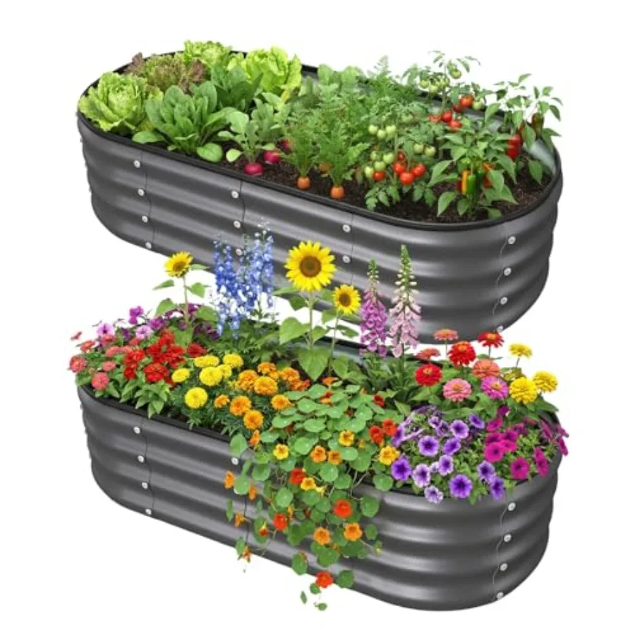 

Комплект металлических приподнятых грядок 4x2x1 фута (1.2x0.6x0.3 м) для уличных растений, цветов, овощей, трав, темно-серый, 2 шт.