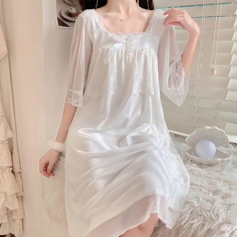 Nightgown Women V-neck Sexy Simple Sweet Casual Lace Patchwork Home Breathable Soft Design Korean Style Sleepwear Summer Fashion