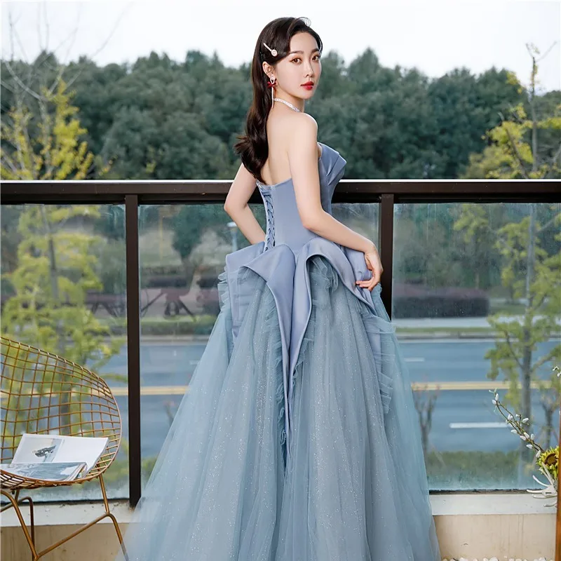 Strapless Dress Light Luxury Banquet Graduation Host Adult Ceremony Vocal Music Art Test Blue Atmosphere