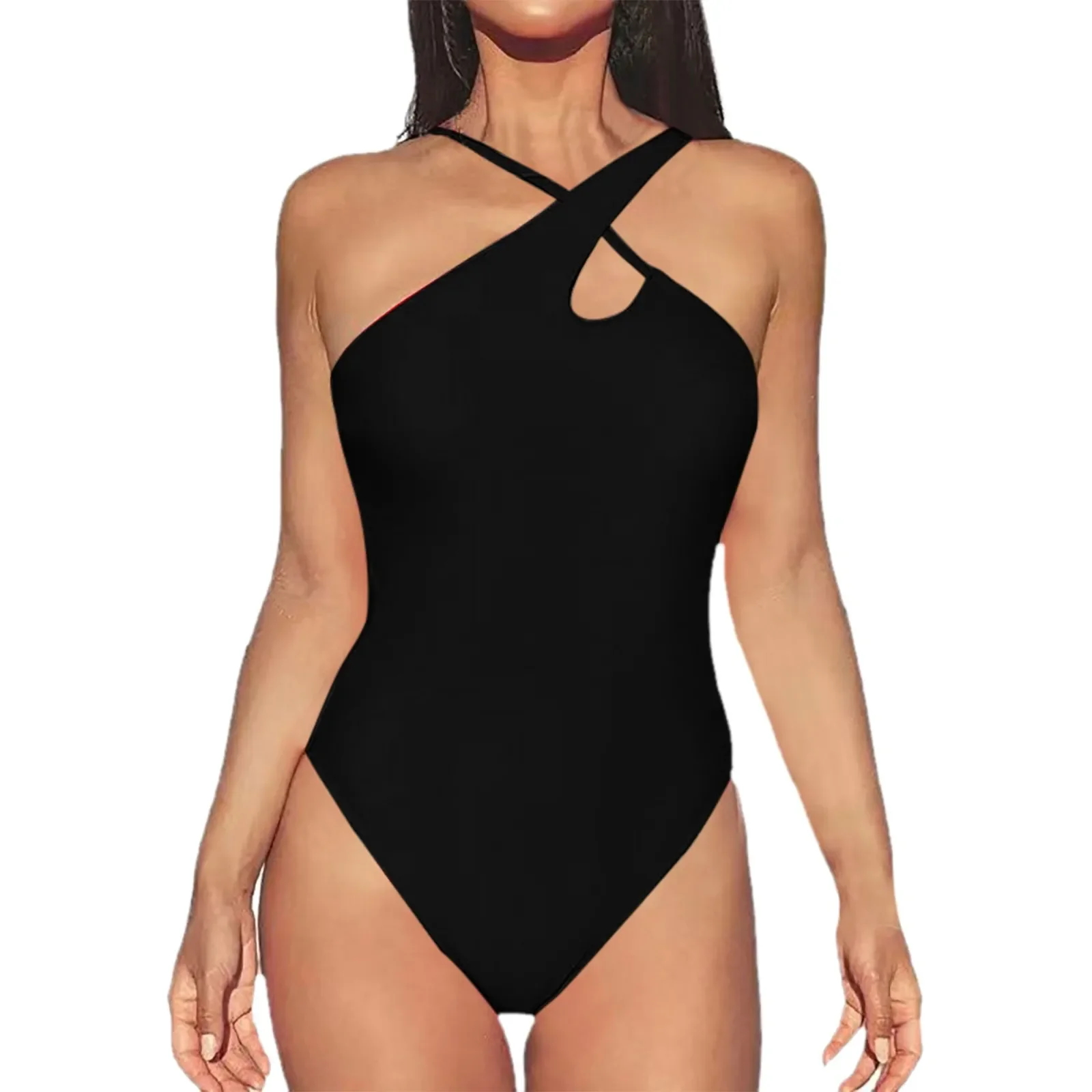 สตรี Criss Cross Halter ชุดว่ายน้ําสีทึบเซ็กซี่ Hollow Out One Piece ชุดว่ายน้ํา Elastic Slim Summer Beach บิกินี่