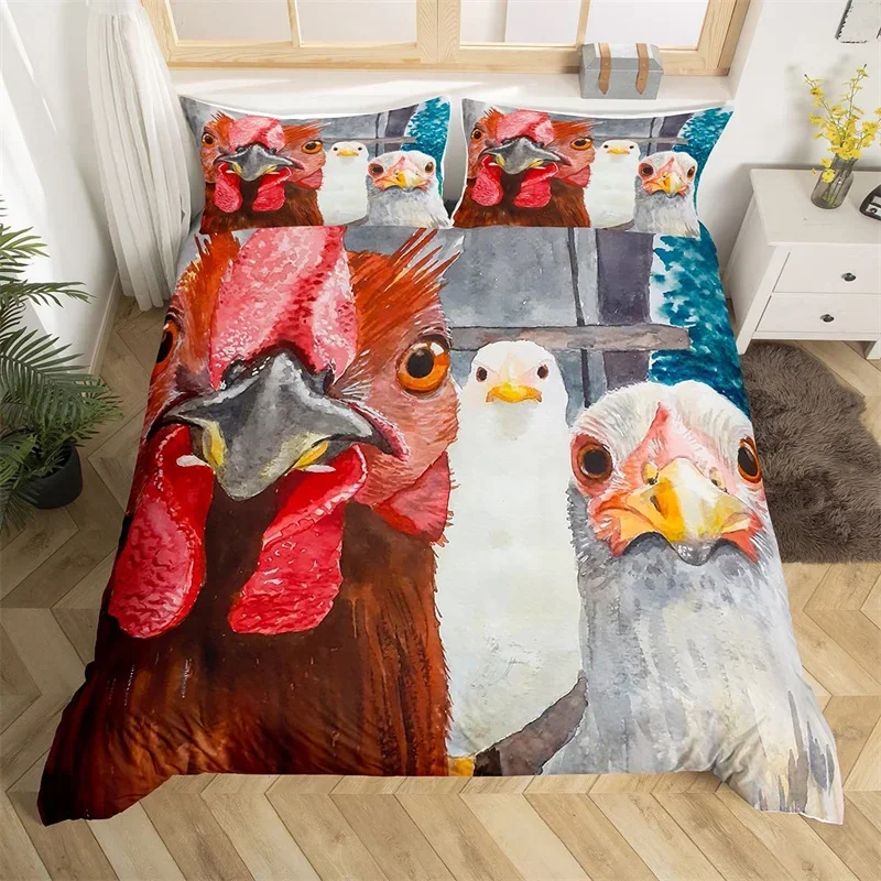 Farm Chicken King Queen Duvet Cover Rooster Goose Duck Bedding Set for Kids Teen Adult Farmhouse Animals 3pcs Soft Quilt Cover