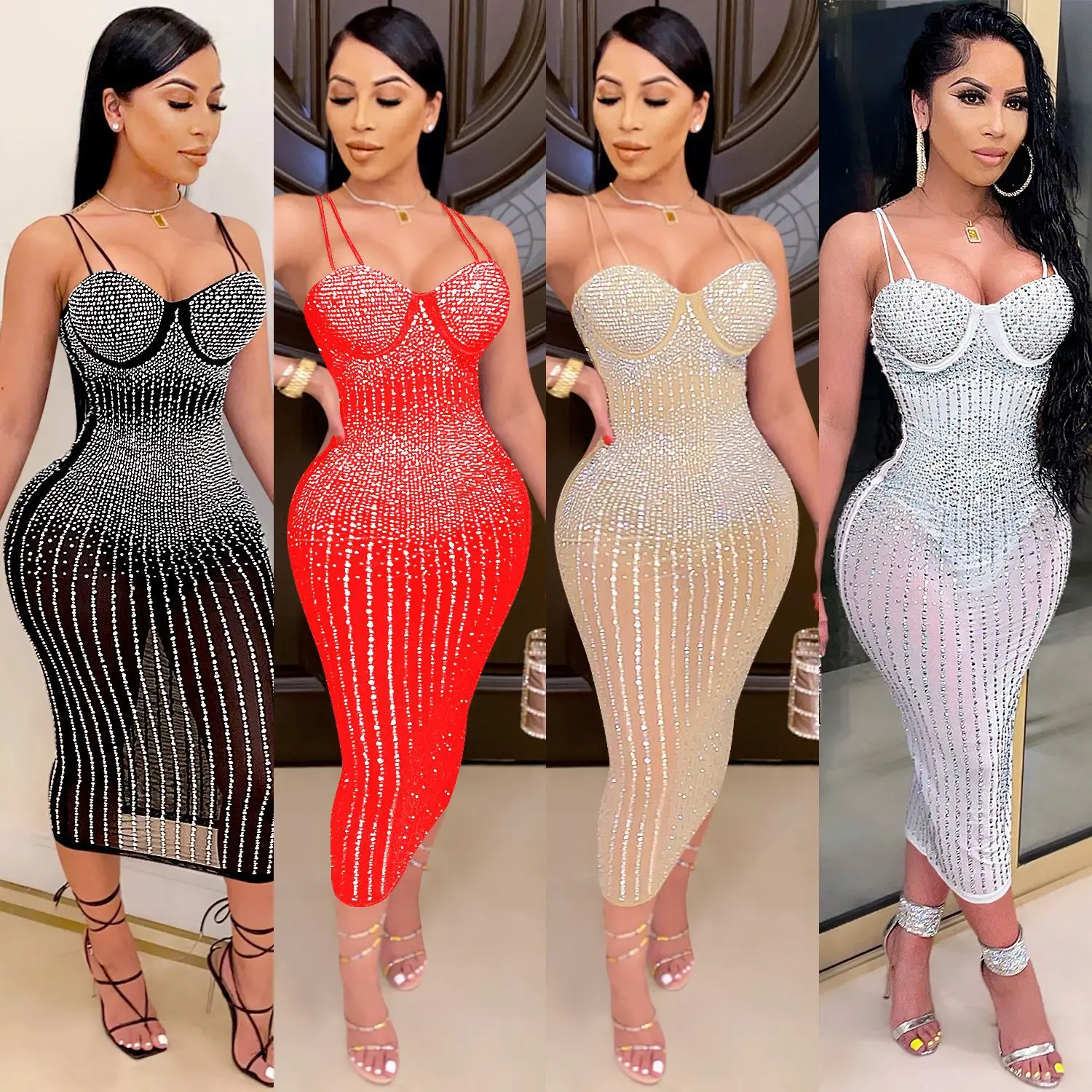 

Fashion Women's Clothing Party Nightclub Mesh Perspective Hot Diamond Diamond Sling Dress Temperament High-end Elegant New