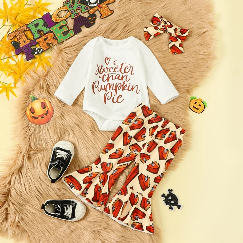 

Toddler Girl Autumn Outfits Letter Print Long Sleeve Bodysuit Pumpkin Spice Print Bell Bottoms Headband 3Pcs Thanksgiving