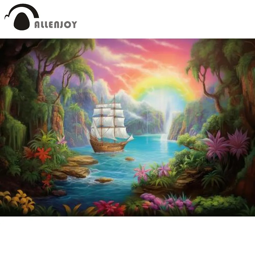 

Allenjoy Ship Sails in Jungle Painting Fantasy Forest Tropical Ocean Fairy Tale Photography Backdrop