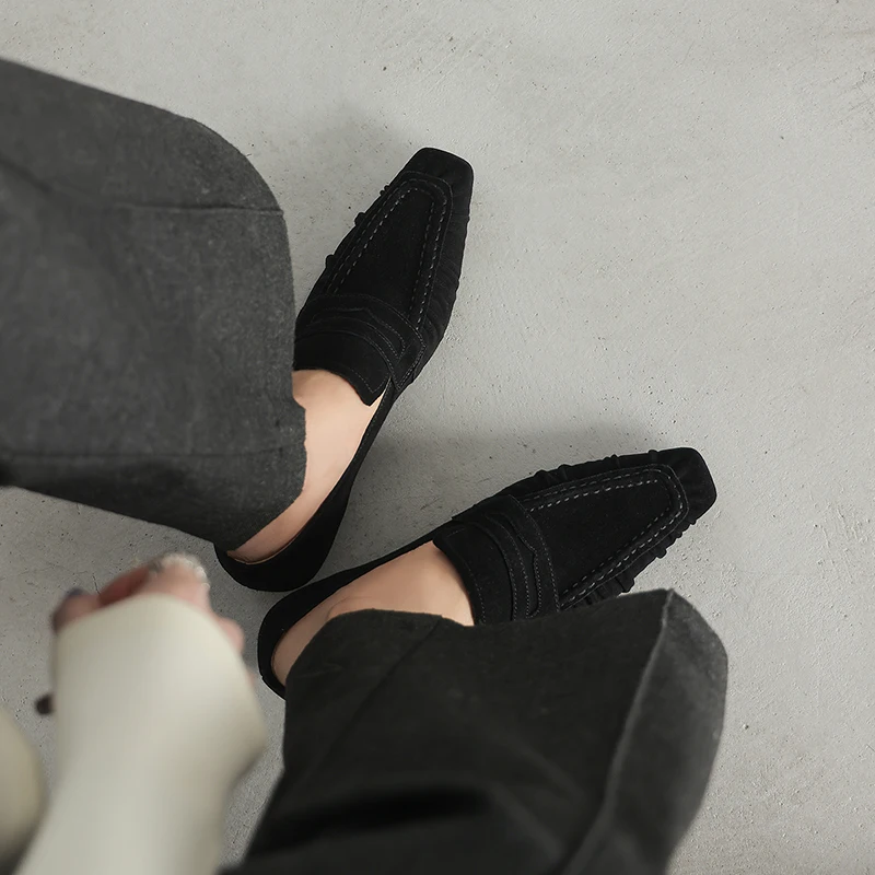 Spring Genuine Leather Women Pumps Fashion Pleated Square Toe Shoes for Women Thick Heel Women Loafers Zapatos Mujer Low Heel view 5
