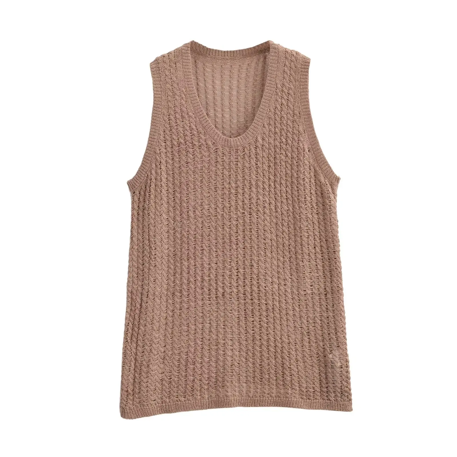 Dave&Di French Country Style Lazy Women'sSweater Champagne  Knitted Color Hollow Loose Knitted Vest Top For Women