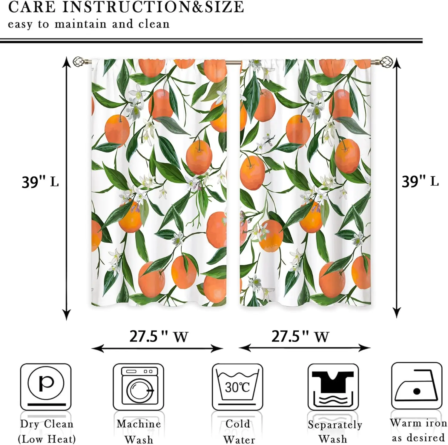 Orange Citrus Leaf Kitchen Curtains, Botanical Fruit Pattern, Rod Pocket Drapes for Bathroom Dining Room