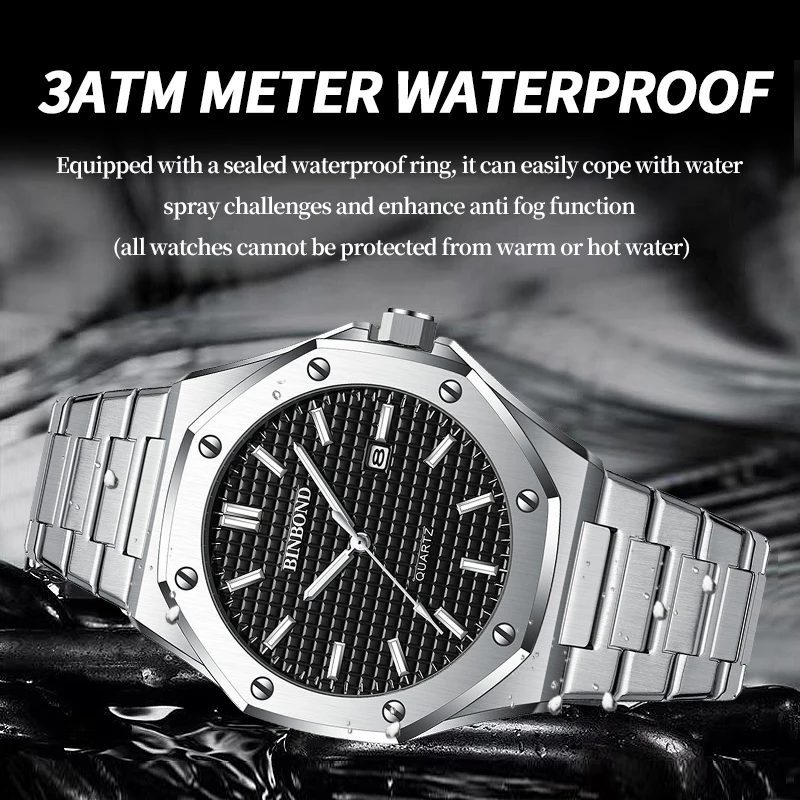 2024 BINBONG Fashion Casual Men Watches Big Dial Silver Stainless Steel Calendar Quartz Wristwatch Classic Top Brand Male Clock