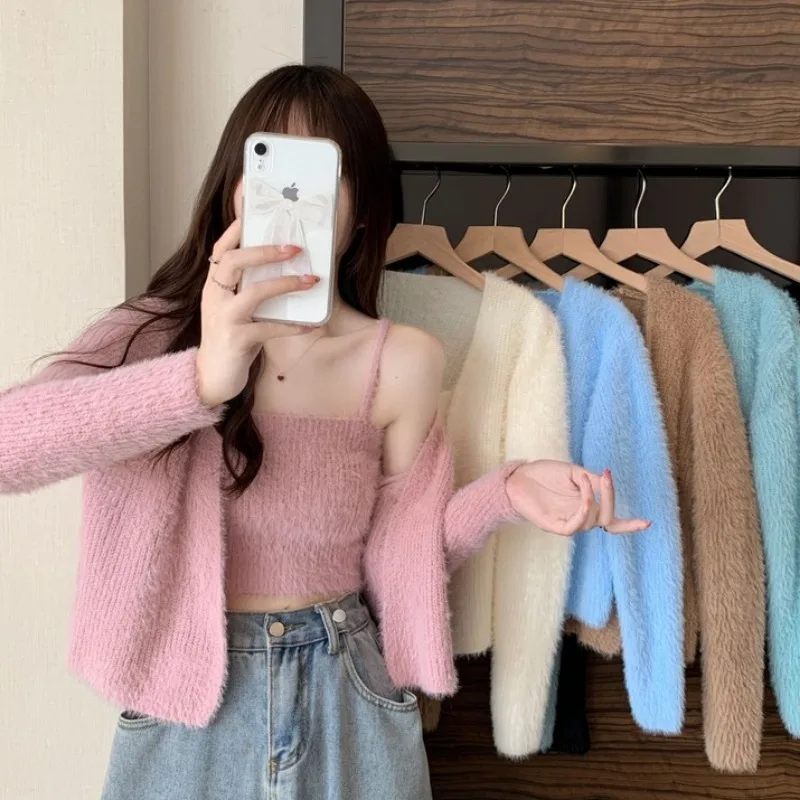 Artificial Mink Wool Sweater Set Solid Color Short Camisole Knitted Cardigan 2Piece Suit Autumn Hotgirl Clothes