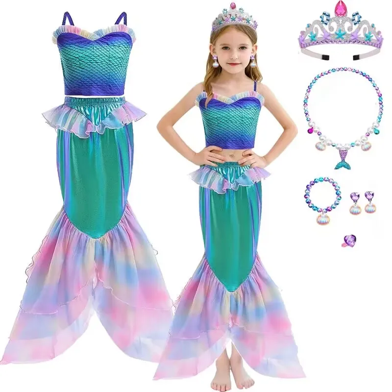 

Kids Girls Princess Mermaid Costume Colorful Sleeveless Top+Fish Tail Skirt+Crown For Carnival Halloween Birthday Party Outfits