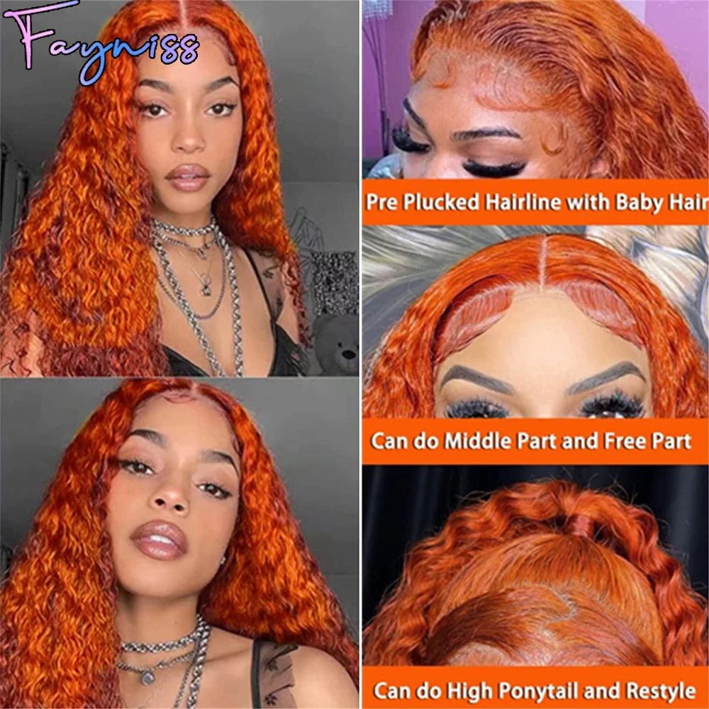 Fyniss-Peluca de cabello humano ondulado para mujeres negras, postizo de encaje frontal, color naranja jengibre, línea de pelo Natural, 13x4