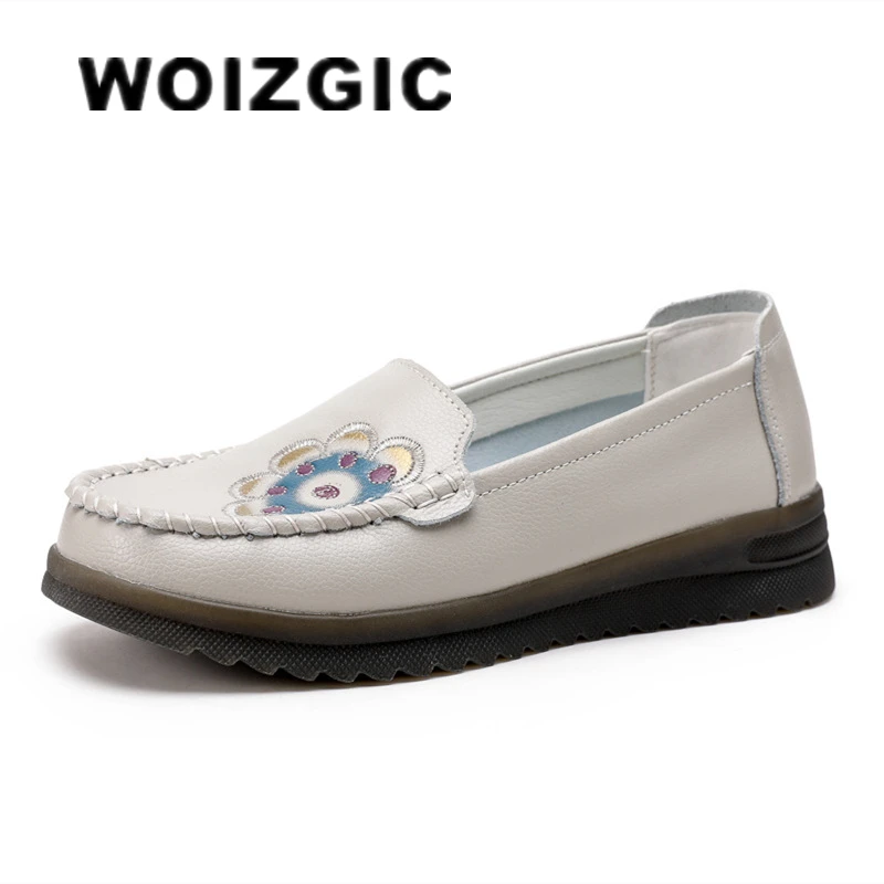 WOIZGIC Women's Mother Female Ladies Genuine Leather Flats Shoes Loafers Flower Slip On Nurse Embroidery Moccasins Ethnic Style