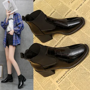 Bright leather chelsea boots for women, high round toe heels, British lacquered leather, medium heel, fall and winter, 2024 8 Main sales boot brightness - №3