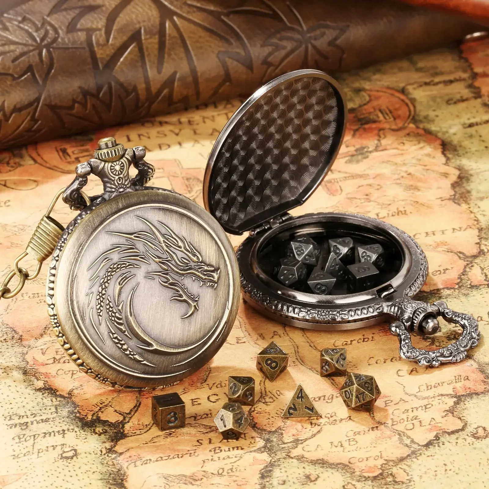 Dragon Head Pocket Watch Box DND Dice Jewelry Shell Retro Flip Curved Dragon Totem Pocket Watch Case 7pcs Polyhedral Metal Dices