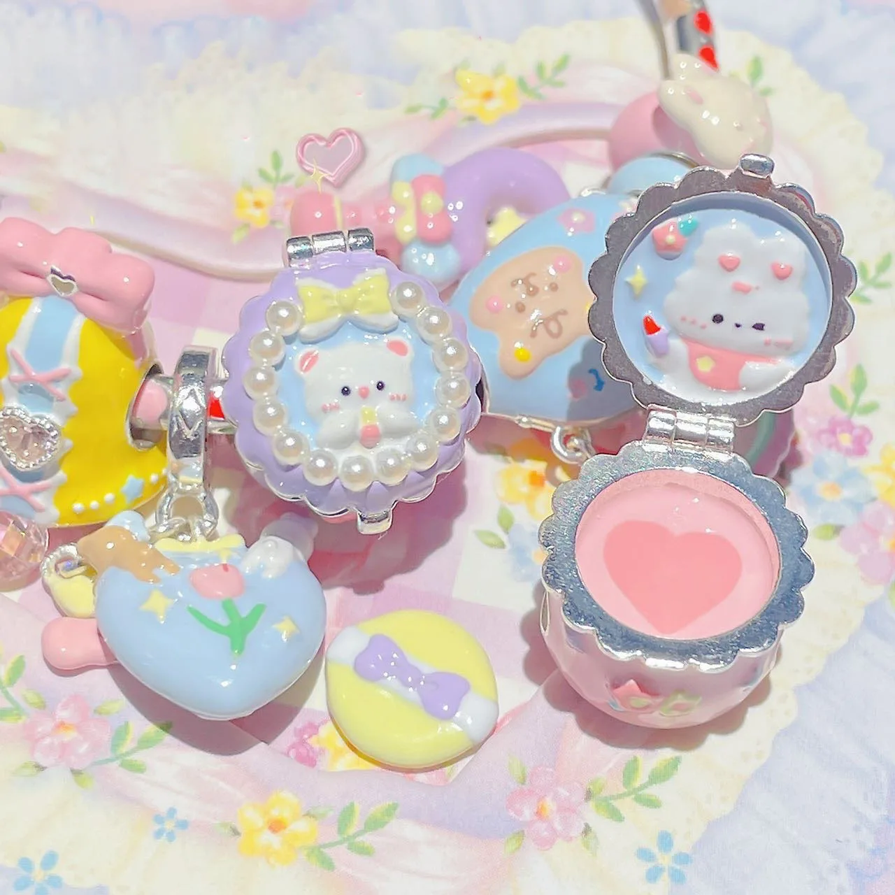 925 Sterling Silver Cute Rabbit Blush Compact With Removable Powder Puff Charm Bead For Pandora Bracelet Bangle European Jewelry