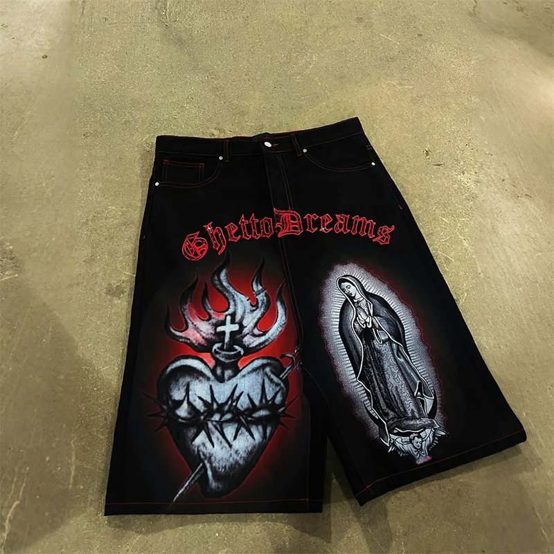 Y2K Fashion Vintage Jeans Flame Cross Heart Pattern Printing Casual Comfortable Denim Shorts Men Women Hip Hop Trend Streetwear - Image 3