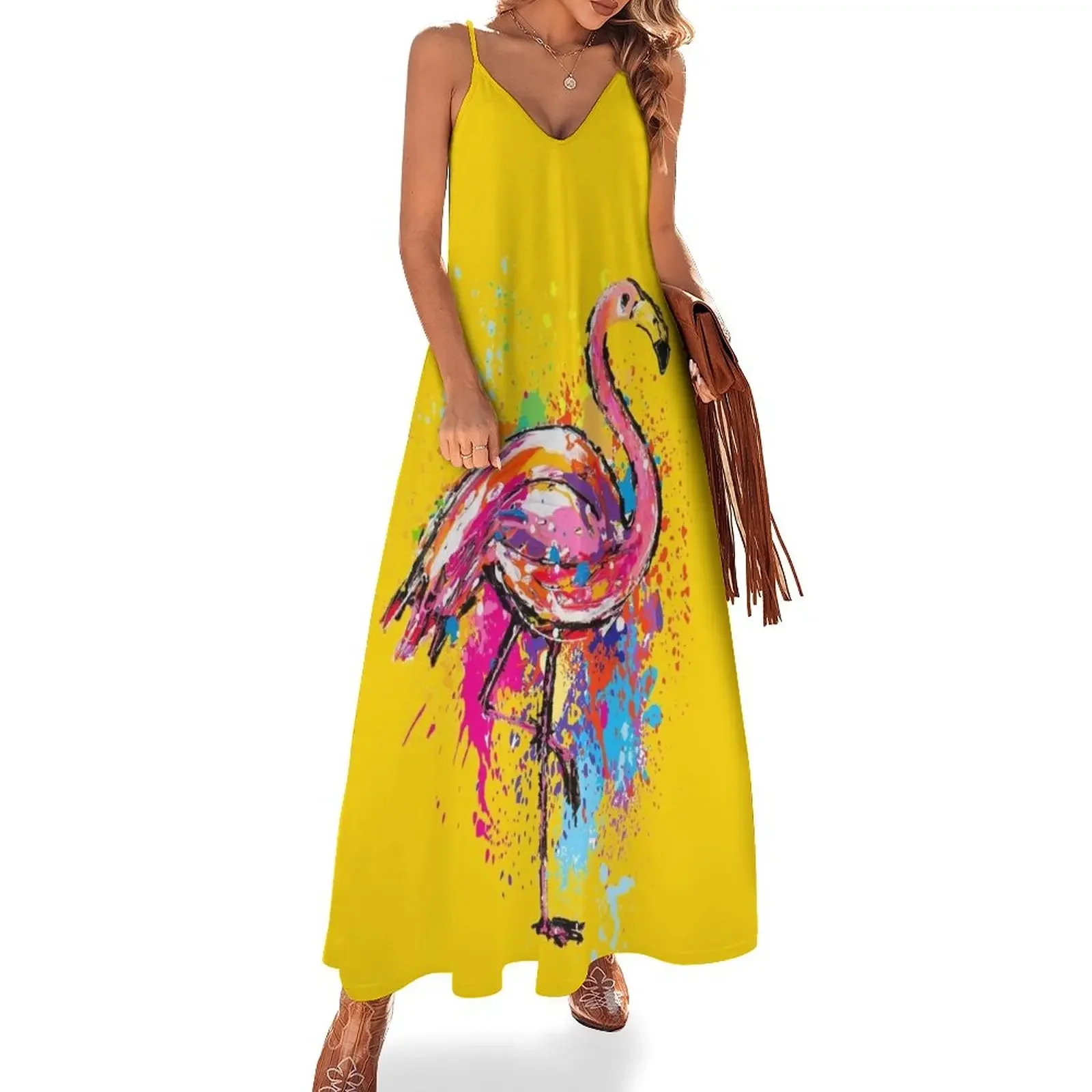 

Colorful Flamingo Yellow Sleeveless Dress elegant chic women dresses promotion women dress Woman's evening dress