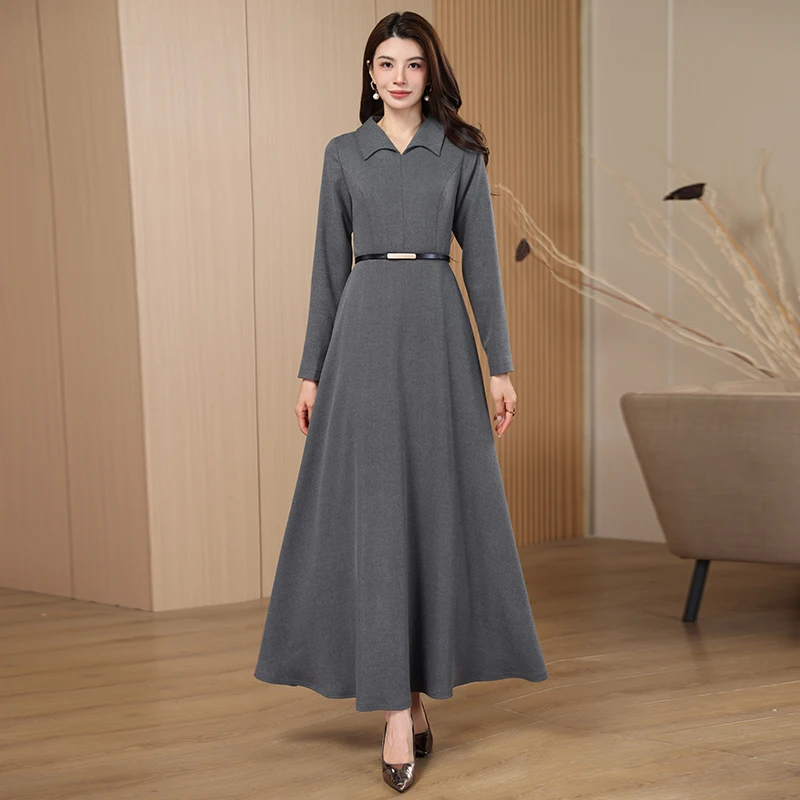 Original Design Lapel Elegant Premium Gray Dress 2026 Spring Autumn New Long Sleeve Slimming Simple Commute Women's Dress