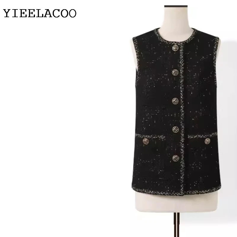 

Black tweed jacket sleeveless autumn/winter women's retro wool mixed yarn tweed vest classic one piece jacket