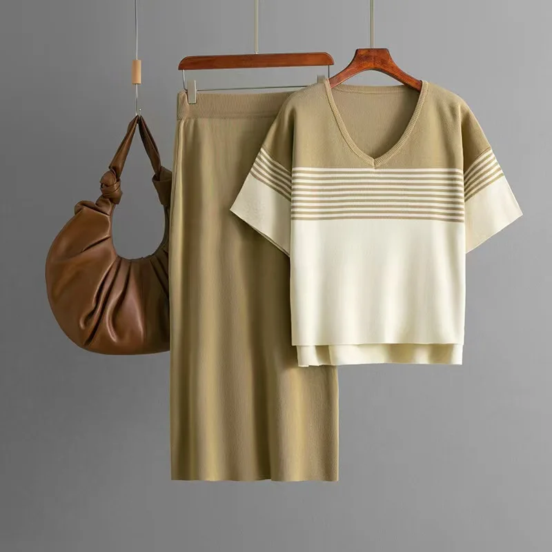 Neues gestricktes Streifen-Top und Rock-Set für Damen, Faion-Sommer-Outfit, V-Ne ort Sve, lange Hosen, zweiteiliges Ensemble