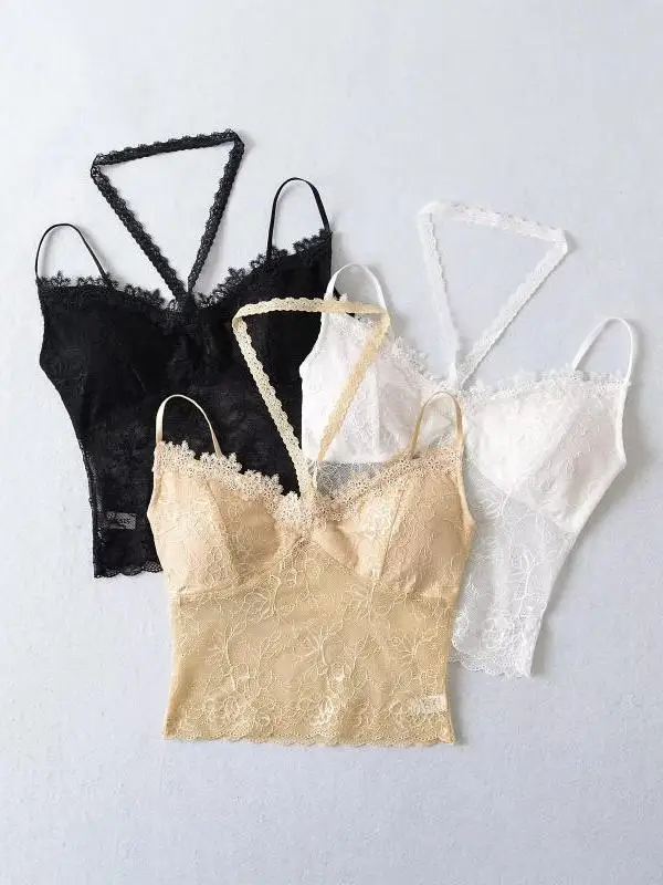 Sexy Hollow out ort Crop Top Women's Street Sle Hanging Ne Strap Vest Inner Wear Beautiful Ba Lace Trim Hanging Ne
