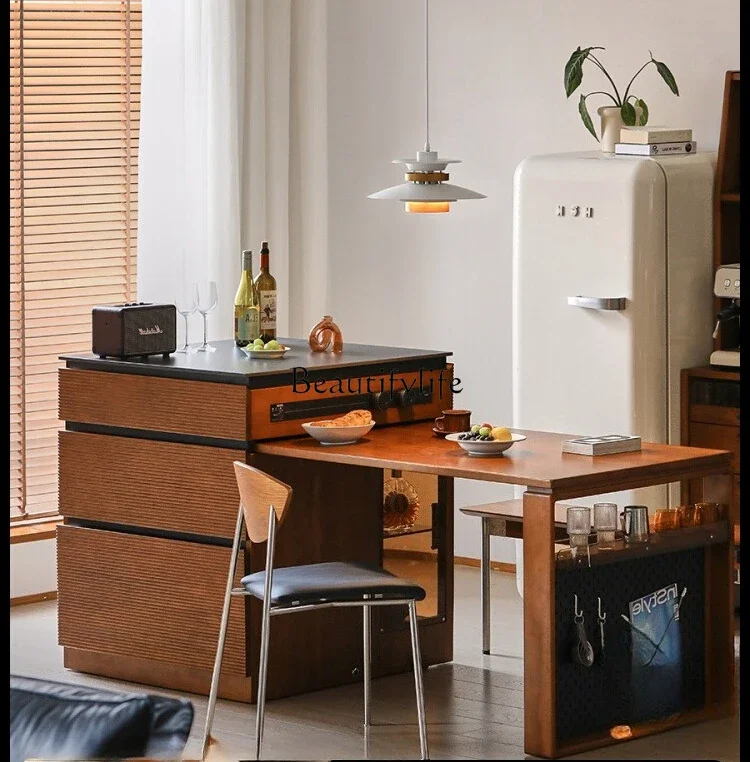 YJ39Integrated Dining Table with Extendable Multifunctional Rock Board Island Sideboard