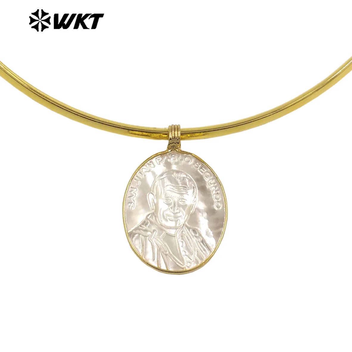 WT-JN401 Unique Lively Character Carving Patterns Natural White Shell Oval Shape Pendants Collar Necklace For Party Decorated