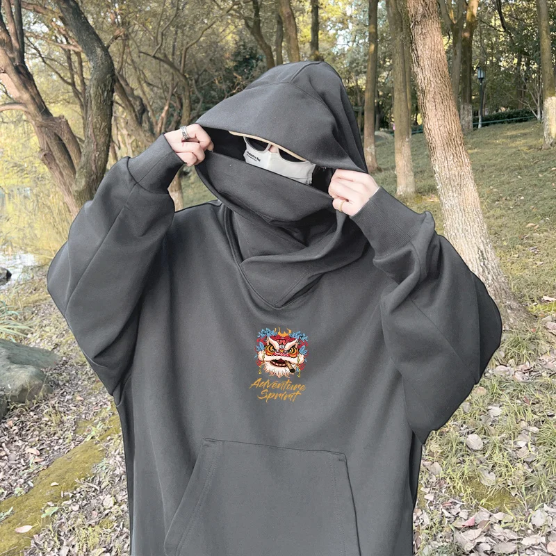 Autumn Lion Dance Graphic Ninja Hoodie Men Fleece Pocket Turtleneck Oversized Hooded Sweatshirt Japanese Streetwear Y2K Hoodies