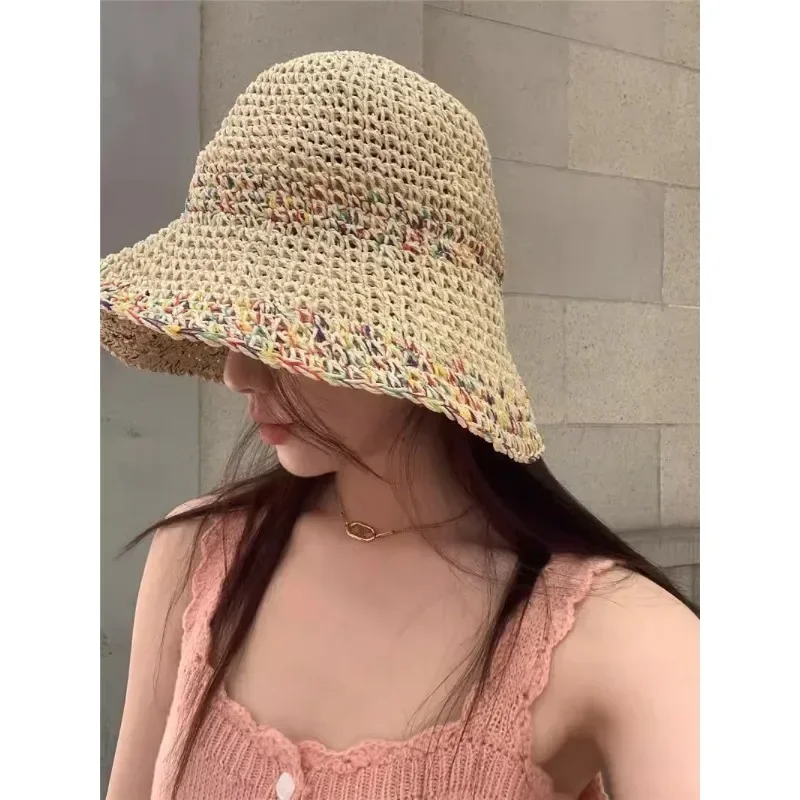 Rainbow woven women\'s sunscreen hat summer Japanese straw hat  protective fashion, breathable hollow beach sun hat