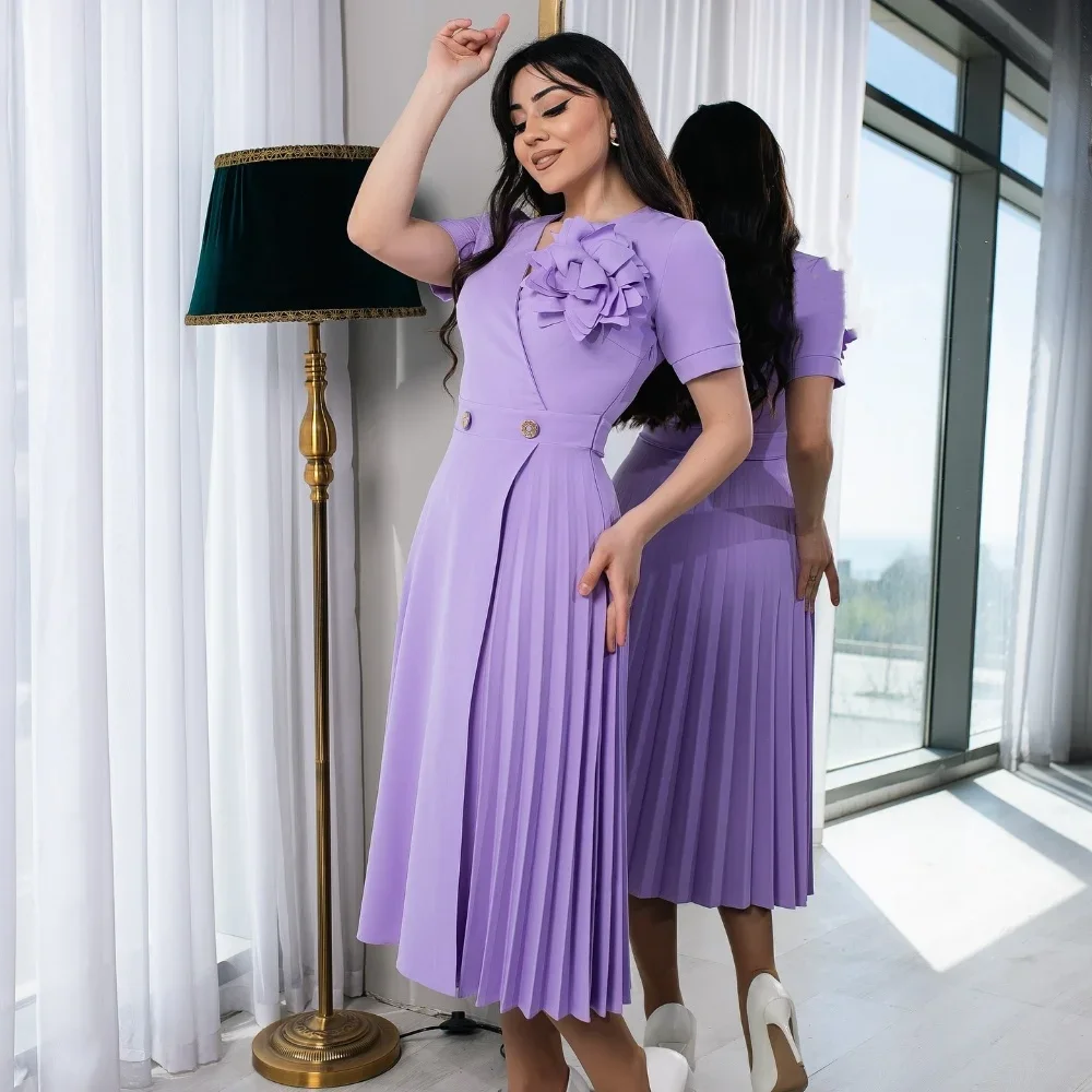 

Customized Jersey Flower Button Ruched Wedding Party A-line V-neck Bespoke Occasion Gown Midi Dresses