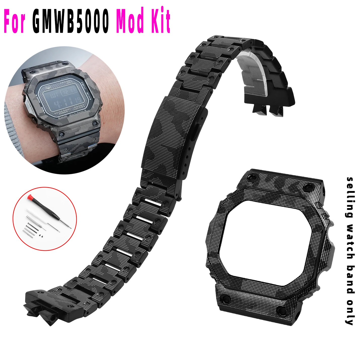GMWB5000 Camouflage Metal Mod Kit For G-SHOCK 3459 Casio Small Silver Block GMW-B5000 Steel Band men Solid Watch Chain+ tool