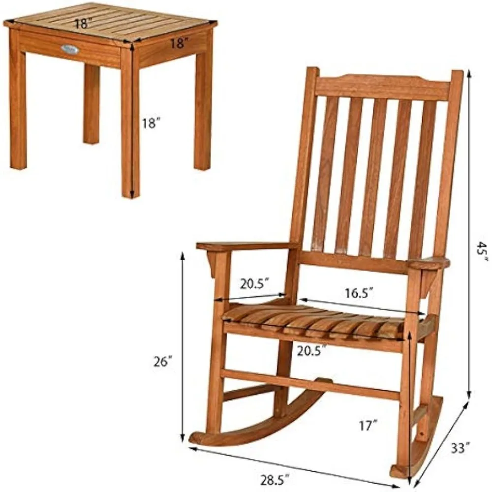 Juego de mecedora de 3 piezas, muebles de exterior de madera con dos sillas de conversación y mesa decorativa