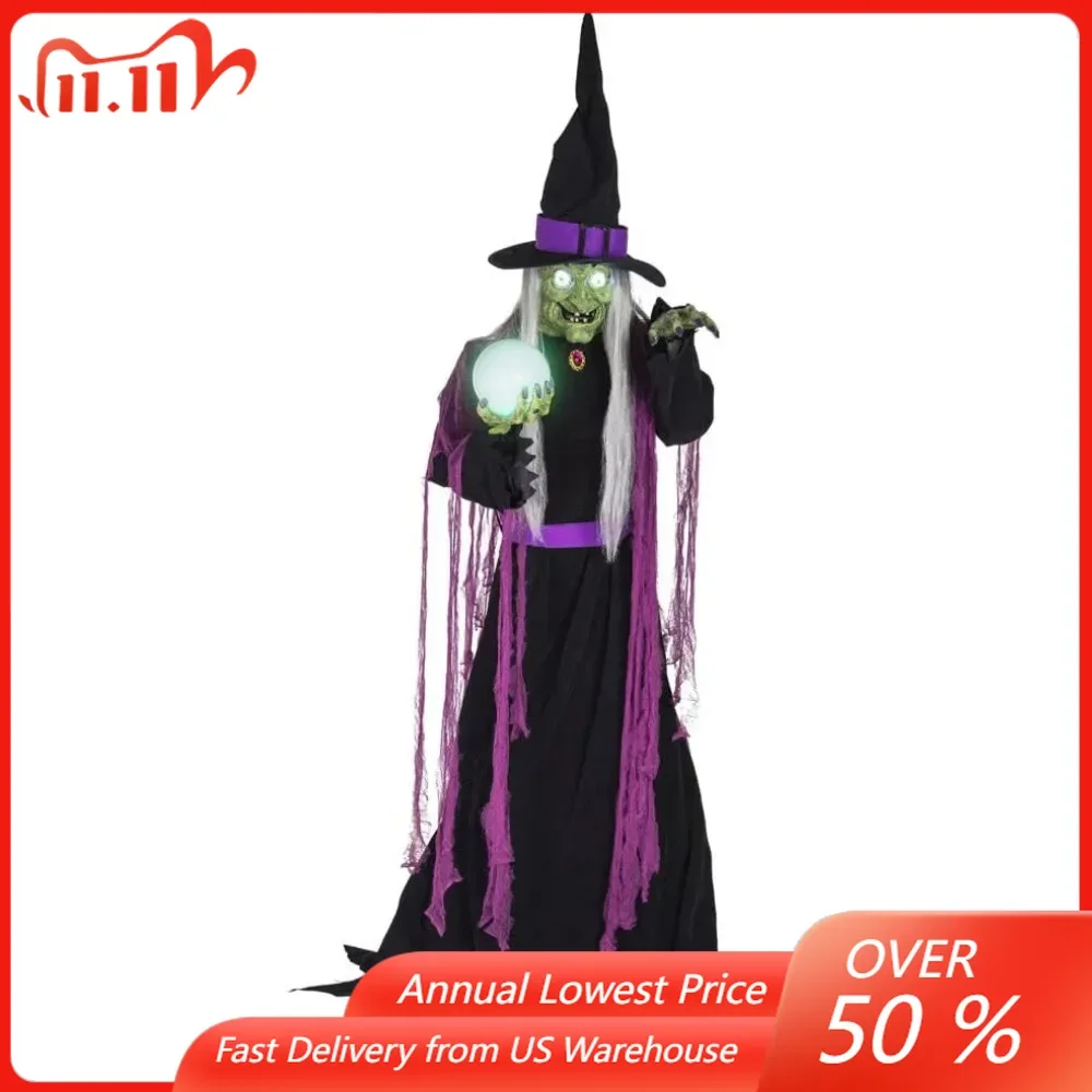 Halloween 6-FtTall Fortune Teller Witch Plug-in Motion-Activated Scare Prop Animatronic for Indoor or Covered Outdoor Decoration