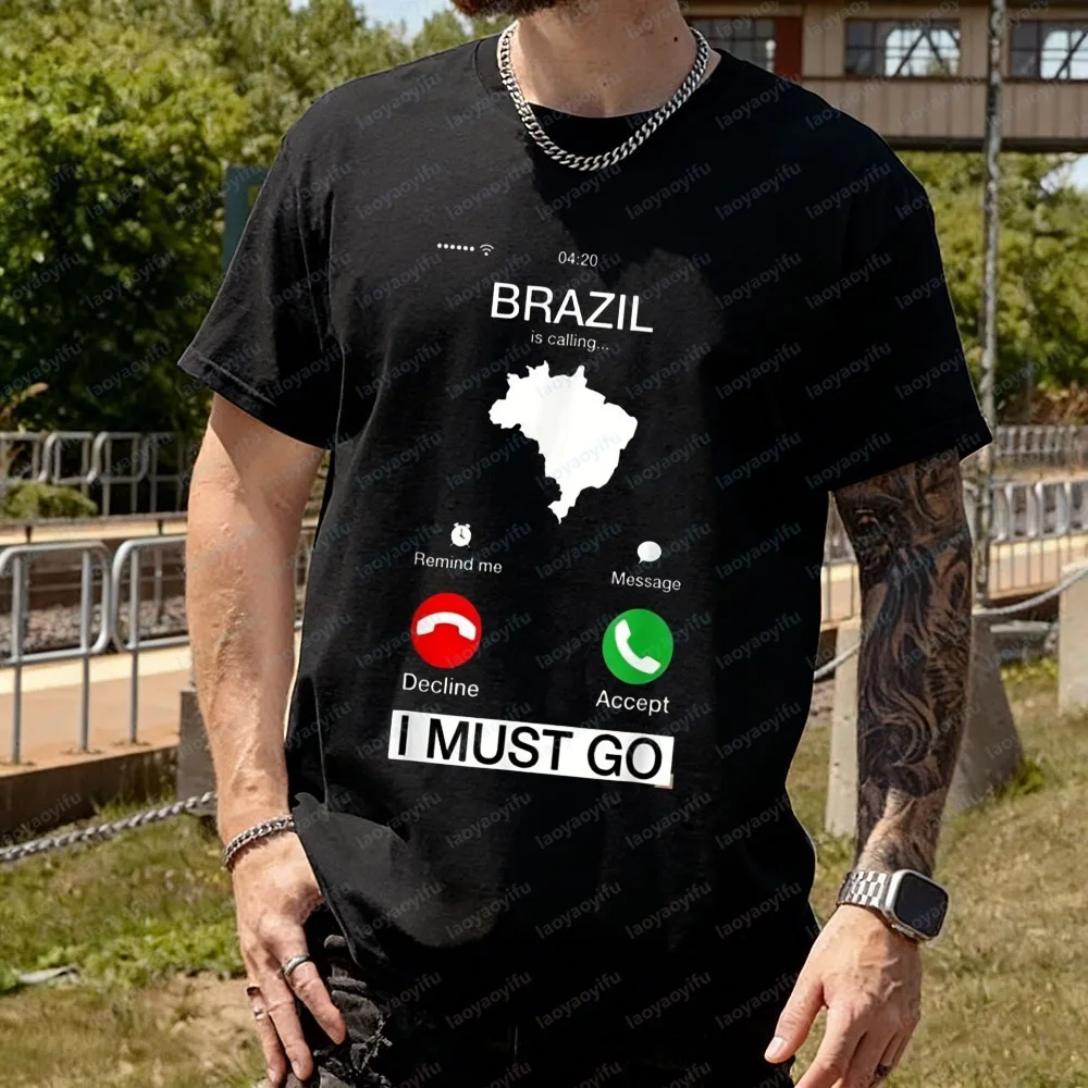 

Brazilian Soccer Fan Men's Clothing Brazil Is Calling Tops Fun Phone Graphic Patriotic Tee Vintage Classic Fashion T Shirt Homme