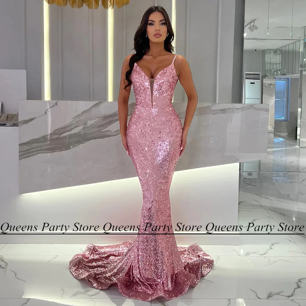 

Weilinsha Rose Pink Mermaid Evening Dress Spaghetti Straps Deep V Neck Sweep Train Back Zipper Sparkling Sequin Party Prom Gown