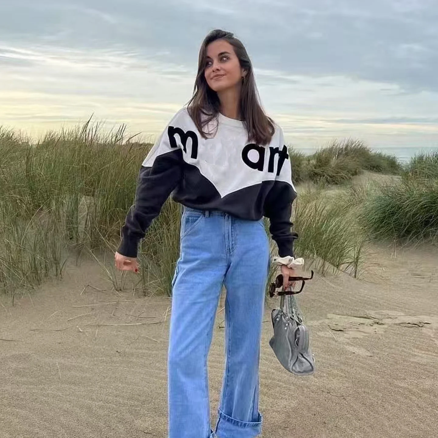 Trendy merk oversized dameshoodie Klassieke letter Floing Splicing Decoratie Casual Spor Velvet irt Batwing Sve