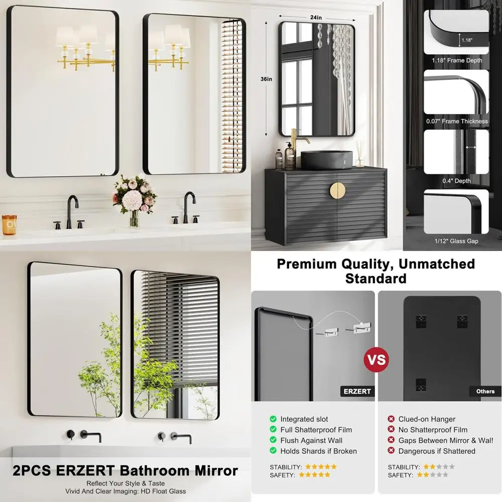 

Pair of 24x36 Inch Black Framed Vanity Mirrors for Bathroom, Suitable for Over Sink, Farmhouse Style, Versatile Hanging Options