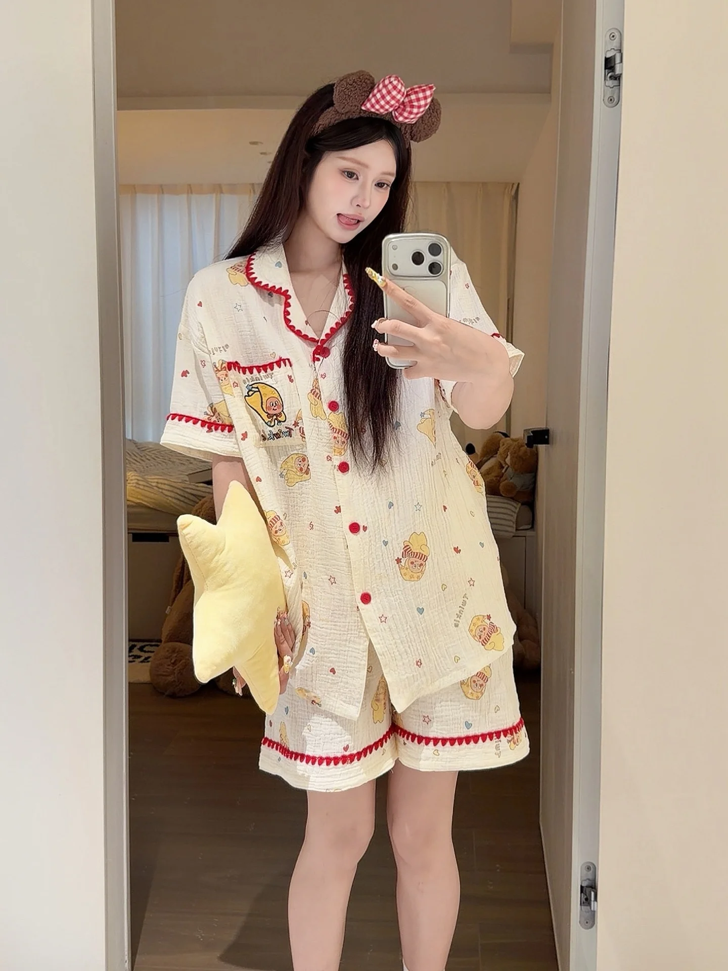 かわいいスタープリント純綿パジャマ女性の夏半袖ショーツホーム服夏セットソフトコットンナイトガウン
